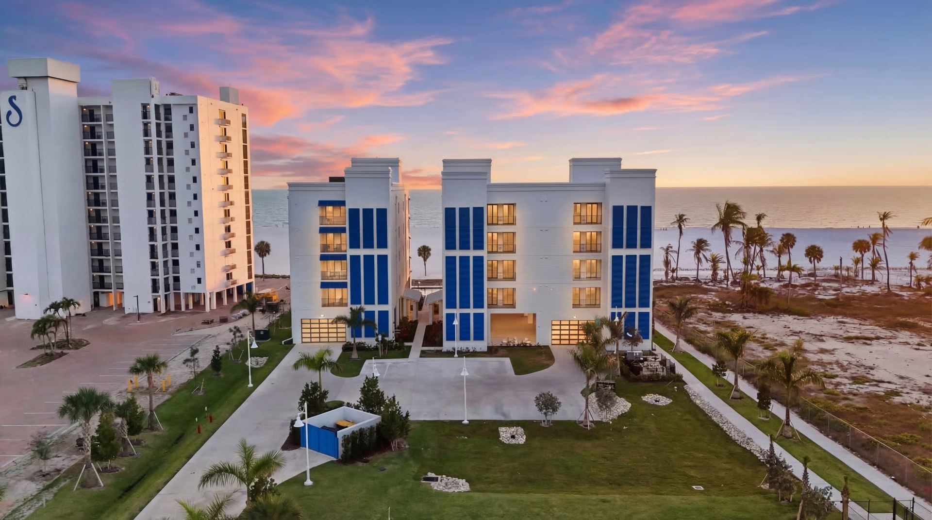 Gulfside Twelve — Fort Myers Beach luxury beachfront condominiums at twilight